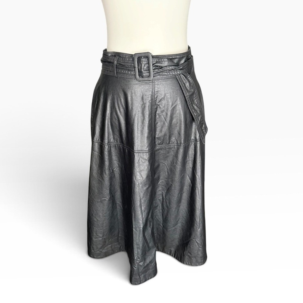 Ann Taylor Petite Black Faux Leather Belted A-Line Midi Skirt 6P NWT